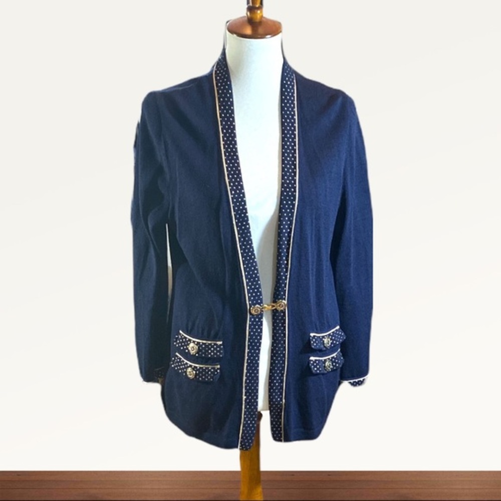 ST JOHNS 100% wool vintage BLUE Cardigan Golden buttons & accents Sz S